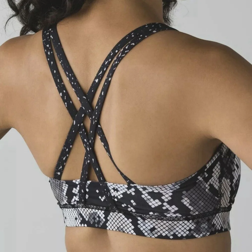 Lululemon Energy Bra Ziggy Snake Gray Black Print Strappy Back Size 4 With Pads